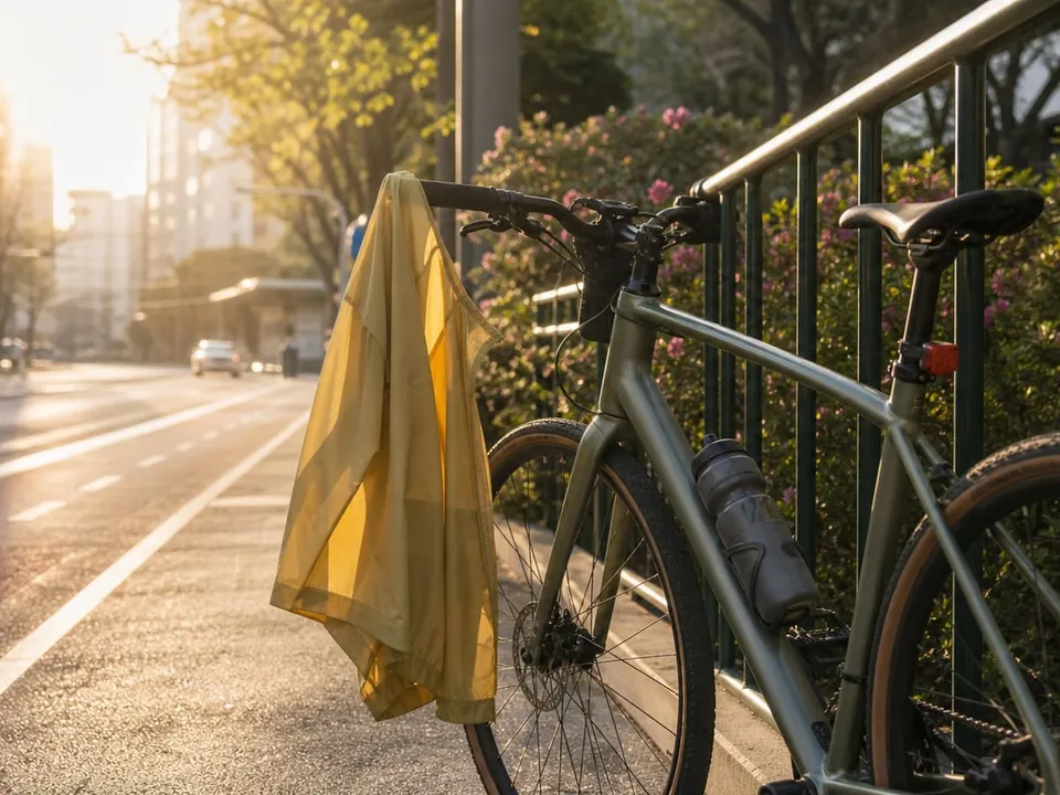 봄 아침 도심 출근길, 사이클웨어 위에 윈드 자켓을 걸친 라이더의 옆모습